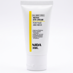 Tubo blanco de crema para ojos y cuello Nida Revive de 30 ml con una franja amarilla vertical, para todo tipo de piel.