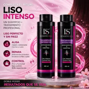 Kit de shampoo y tratamiento Bendito Sea de 450 ml para liso intenso y control de frizz, con aminoácidos y keratina en envases negros.