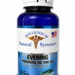 Frasco azul de 100 cápsulas blandas de aceite de onagra Evening Primrose Oil 500 mg de Millenium Natural Systems para el equilibrio hormonal femenino.