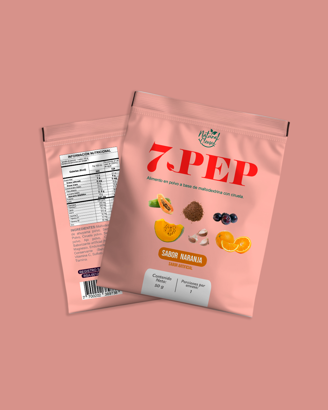 Set de dos bolsas de purgante natural en polvo sabor naranja de 50 g, color rosa, con ilustraciones de frutas y vegetales en el frente y tabla nutricional en el reverso.