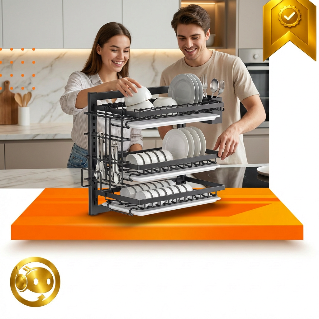 Escurridor de loza negro de tres niveles con estantes laterales para organizar platos y cubiertos en una cocina.