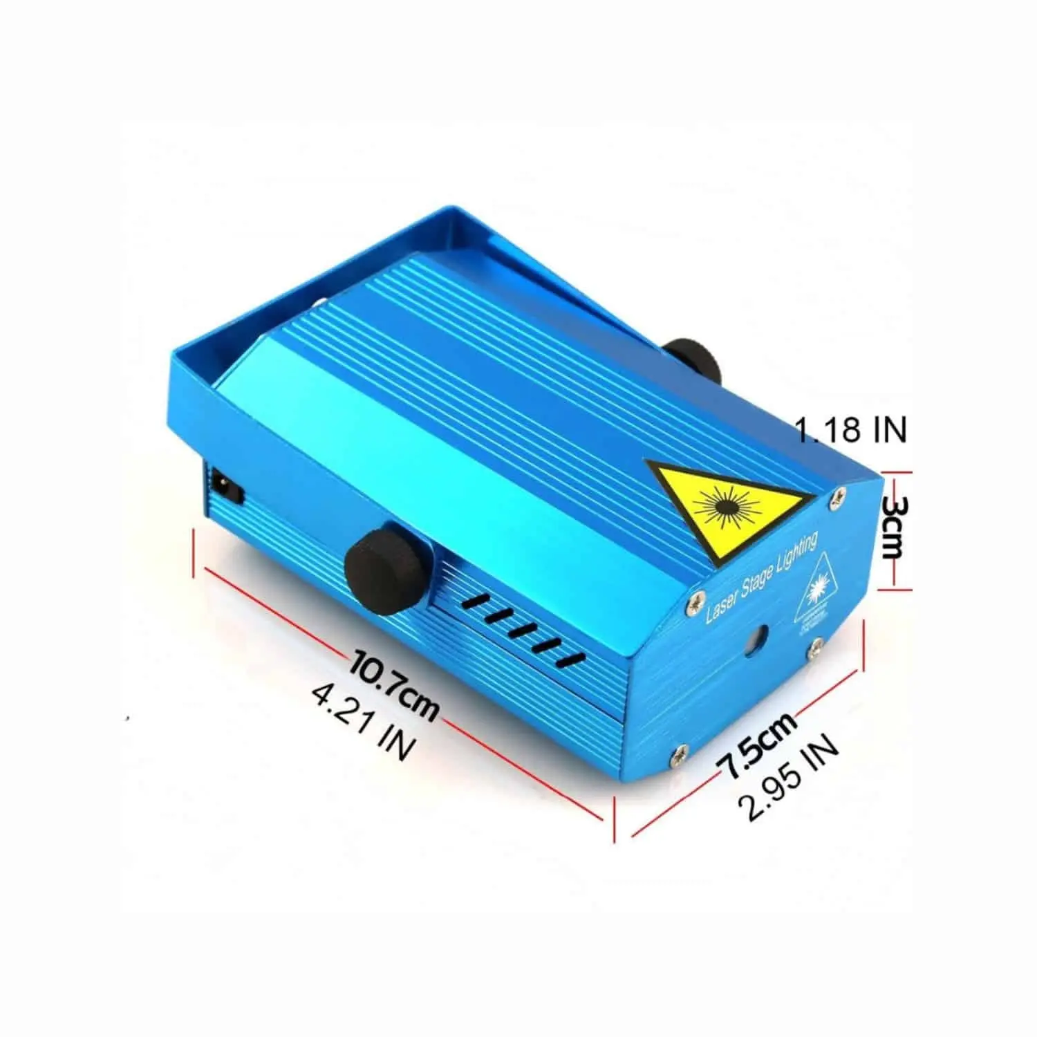 Proyector láser de figuras color azul con carcasa acanalada metálica, dimensiones de 10.7 x 7.5 x 3 cm y advertencia de radiación visible.