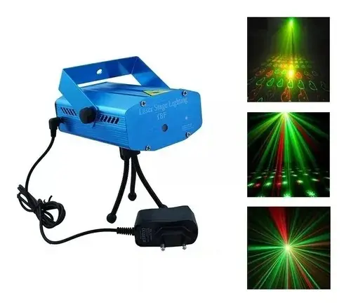 Proyector láser de escenario color azul de aluminio montado sobre trípode flexible negro con fuente de alimentación y tres ejemplos de efectos de iluminación decorativa en la parte derecha