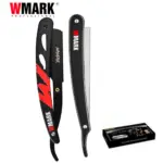 Navaja de barbería plegable WMARK negra con detalles rojos, en vista abierta y cerrada junto a una caja de hojas intercambiables.
