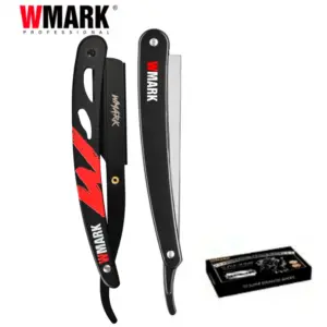 Navaja de barbería plegable WMARK negra con detalles rojos, en vista abierta y cerrada junto a una caja de hojas intercambiables.