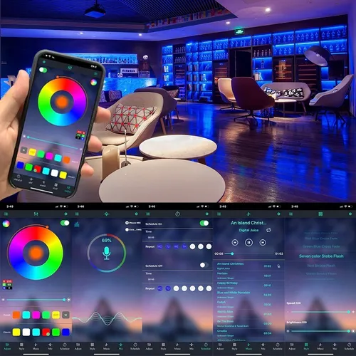 Cinta LED RGB Bluetooth de 5 metros controlada desde smartphone para iluminar y sincronizar ambientes con música.