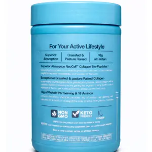 Frasco azul celeste de colágeno en polvo con tapa de rosca, mostrando los detalles de absorción superior, proteína y certificaciones en la etiqueta posterior.