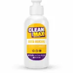 Botella blanca con dosificador de Clean Max, quitamanchas para desodorante con etiqueta amarilla y morada, vista frontal.