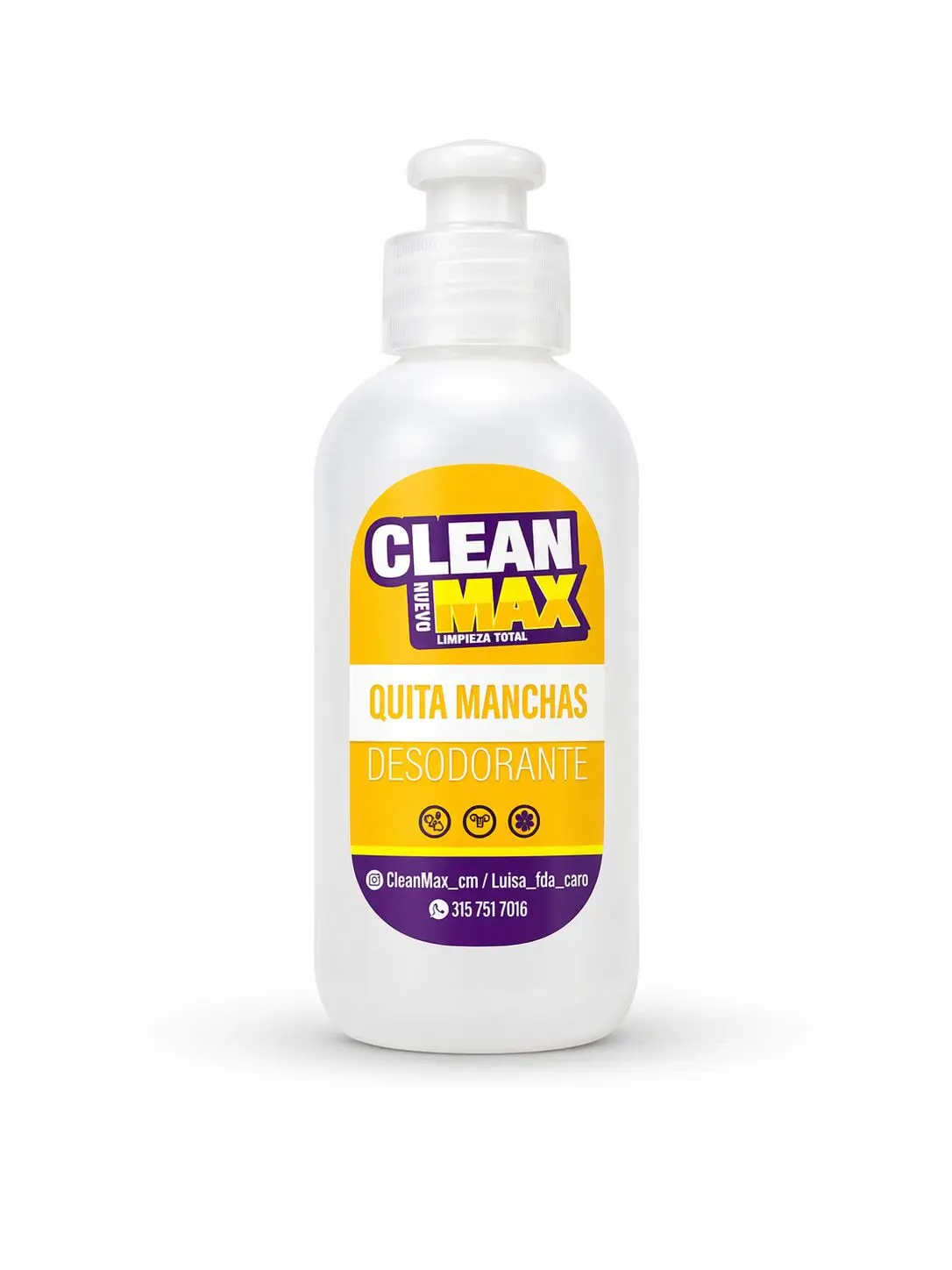 Botella blanca con dosificador de Clean Max, quitamanchas para desodorante con etiqueta amarilla y morada, vista frontal.