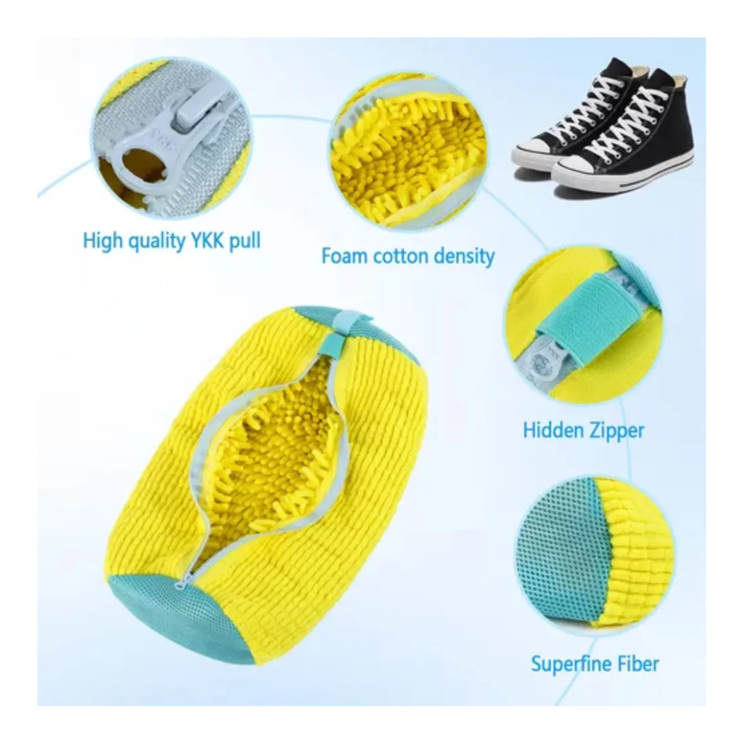 Bolsa para lavar tenis en lavadora amarilla y turquesa con interior de microfibra, cierre YKK, espuma protectora y malla transpirable.