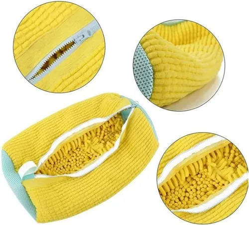 Bolsa amarilla de malla chenilla con cremallera y diseño cilíndrico para lavado seguro de tenis en lavadora