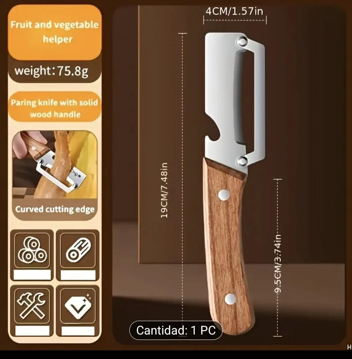 Cuchillo pelador de acero inoxidable con mango de madera ergonómico, diseño recto de 19 cm de largo y 4 cm de ancho para frutas y verduras.