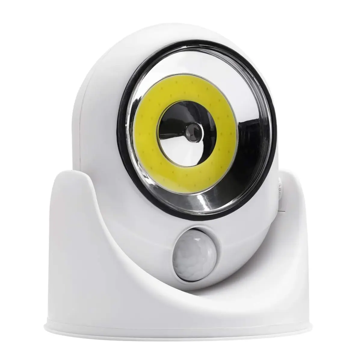 Lámpara LED blanca con anillo amarillo, sensor de movimiento y diseño redondeado sobre una base curva.