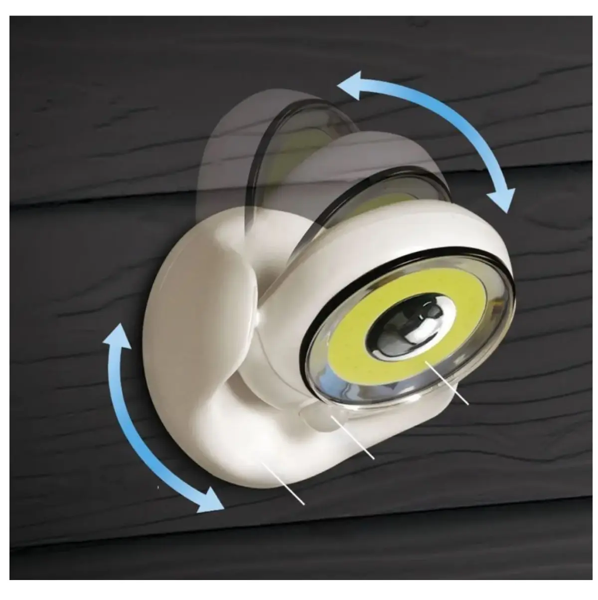 Lámpara LED blanca con sensor de movimiento, ajustable en ángulo y rotación, montada sobre una superficie de madera oscura.