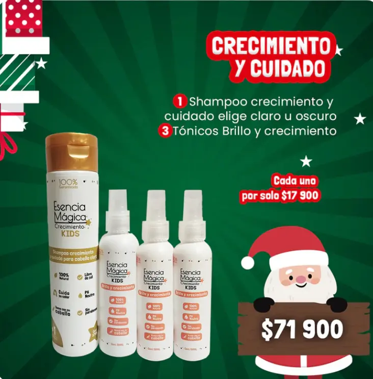 Combo Esencia Mágica Kids de un champú y tres tónicos para cabello claro, que estimulan el crecimiento y fortalecen desde la raíz.
