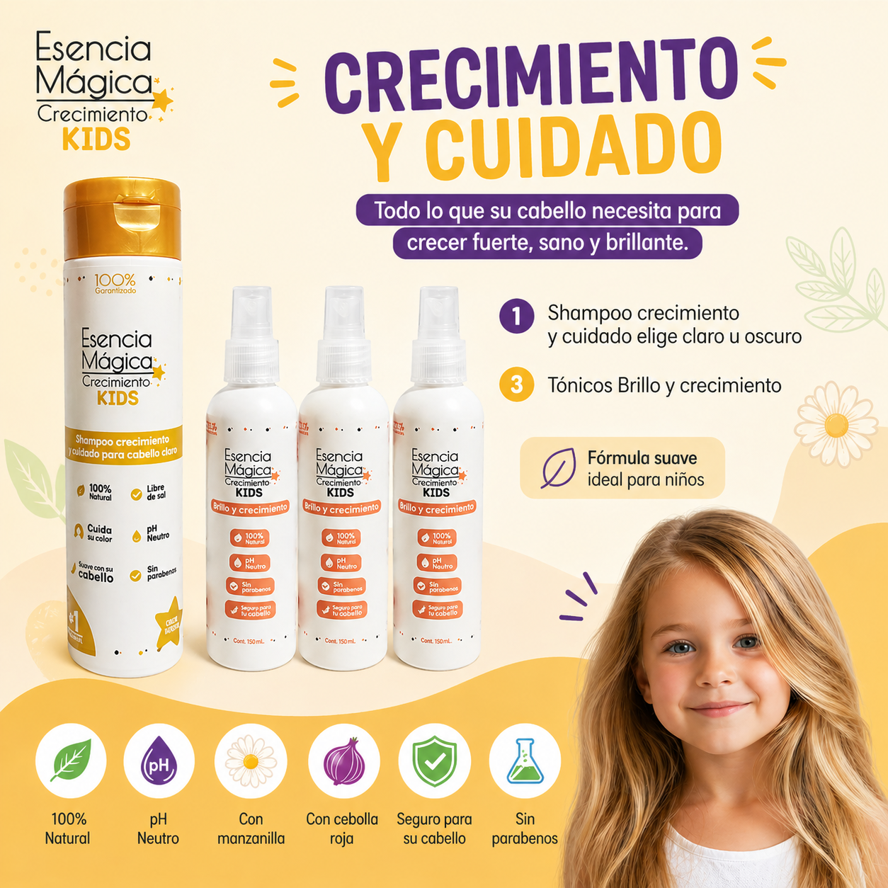 Combo infantil Esencia Mágica Crecimiento Kids con un champú de tapa dorada y tres tónicos capilares en spray, formulados para estimular el cabello.