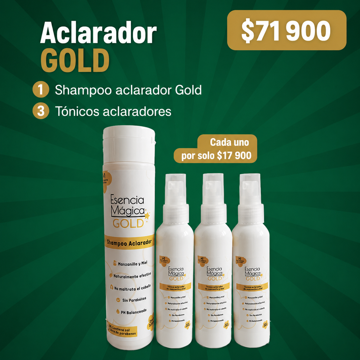 Combo de shampoo y tres tónicos aclaradores capilares de manzanilla y miel en envases cilíndricos blancos con detalles dorados.