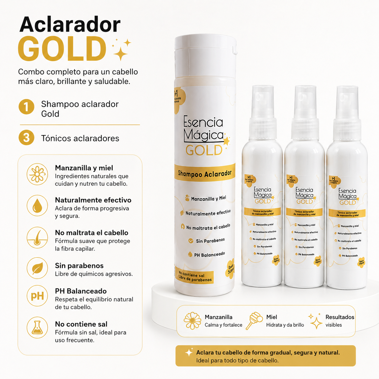 Combo de shampoo y tres tónicos aclaradores capilares de manzanilla y miel en botella blanca sobre base blanca.
