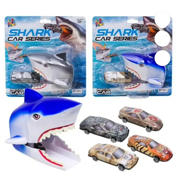 Tiburones de juguete azul y plata con boca mecánica y cuatro carros de metal con diseños variados, junto a sus empaques de la serie Shark Car.