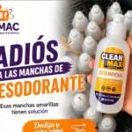 Botella blanca con dispensador de Clean Max para eliminar manchas amarillas de desodorante, sostenida por una mano frente a varios envases iguales.