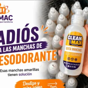 Botella blanca con dispensador de Clean Max para eliminar manchas amarillas de desodorante, sostenida por una mano frente a varios envases iguales.