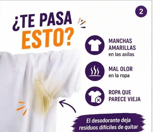 Camiseta blanca con mancha amarilla en la axila. Texto indica manchas, mal olor y ropa vieja por residuos de desodorante difíciles de quitar.