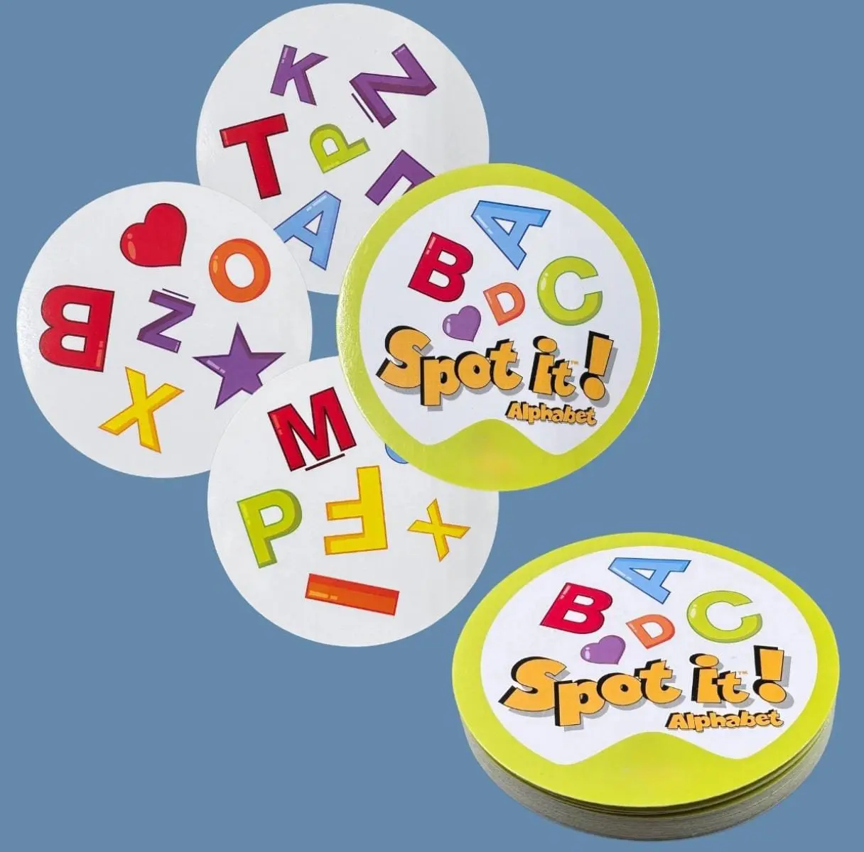 Set x2 juego de mesa Spot It portátil con cartas circulares coloridas de letras y símbolos, ideal para desarrollar velocidad visual en familia.