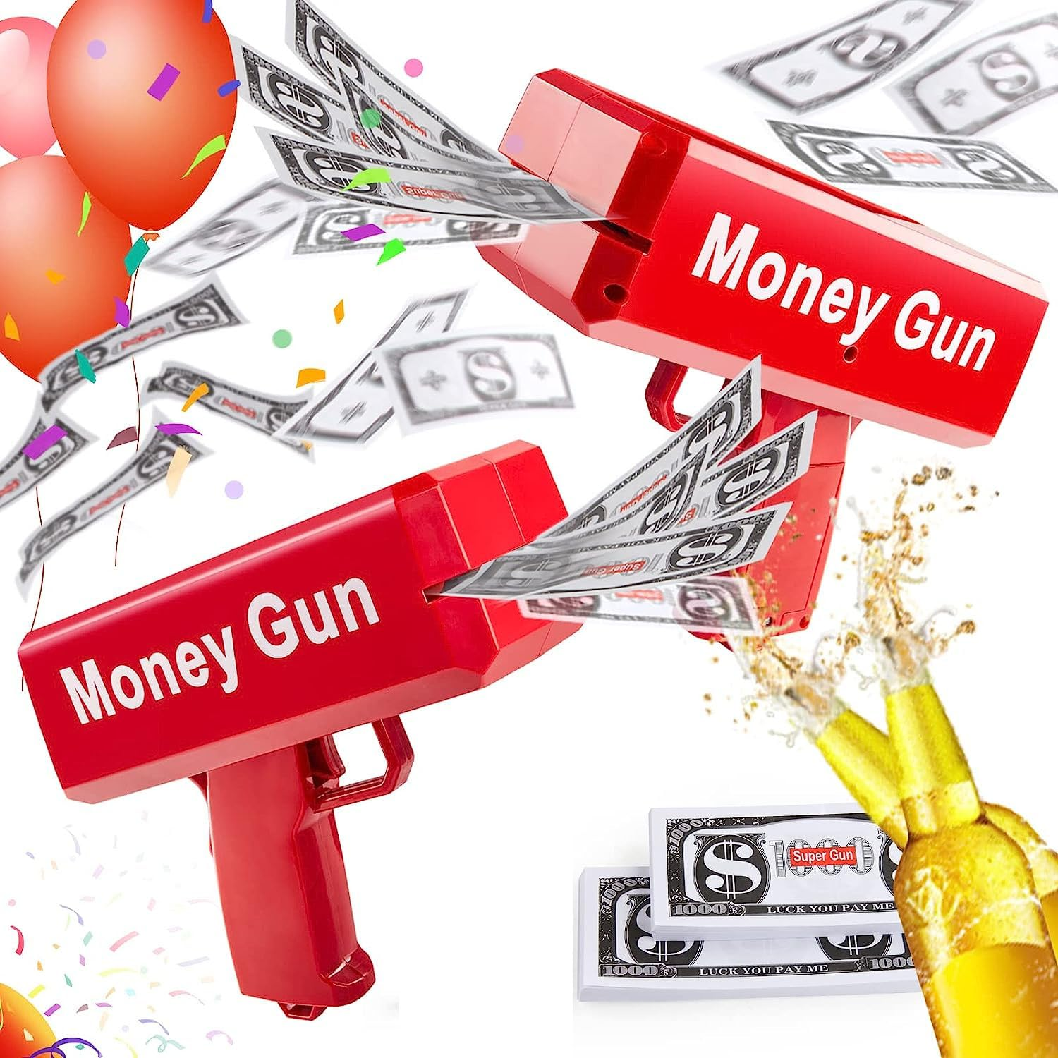 Dos pistolas dispensadoras de billetes rojas con la frase Money Gun disparando dinero de juguete, acompañadas de globos, confeti y botellas espumosas.