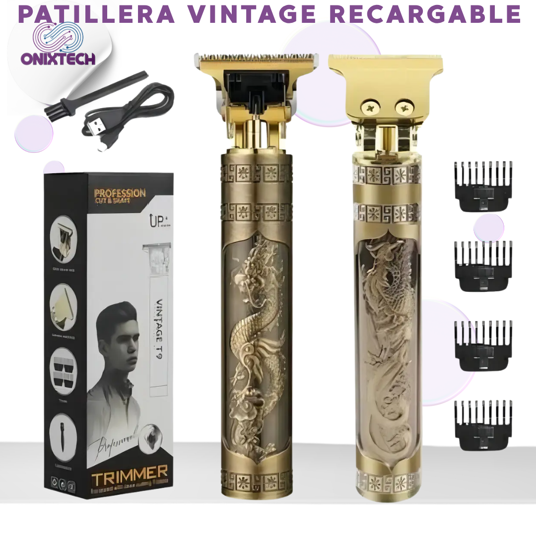 Cortadora de cabello T9 inalámbrica dorada con grabado de dragón, cabezal T en acero, cepillo, cable USB y cuatro peines guía negros.