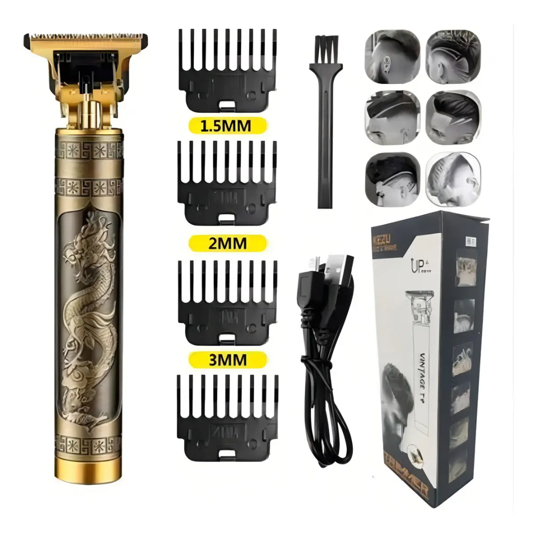 Cortadora de cabello inalámbrica color bronce con relieve de dragón, incluye cuatro guías de corte de 1.5mm, 2mm, 3mm, cepillo limpiador y cable USB.