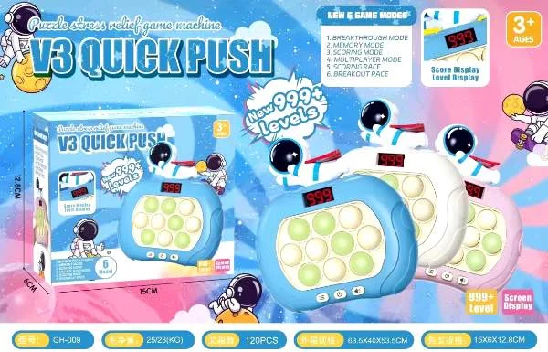 Consola de juego antiestrés azul con pantalla LED numérica, botones de burbujas iluminados y diseño de astronauta, dimensiones 15x12.8x6 cm.