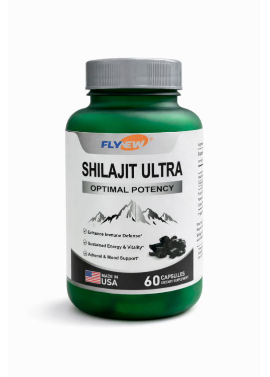 Frasco verde de 60 cápsulas de suplemento Shilajit Ultra, con tapa gris, etiqueta blanca, montañas plateadas, bandera de Estados Unidos y beneficios destacados.