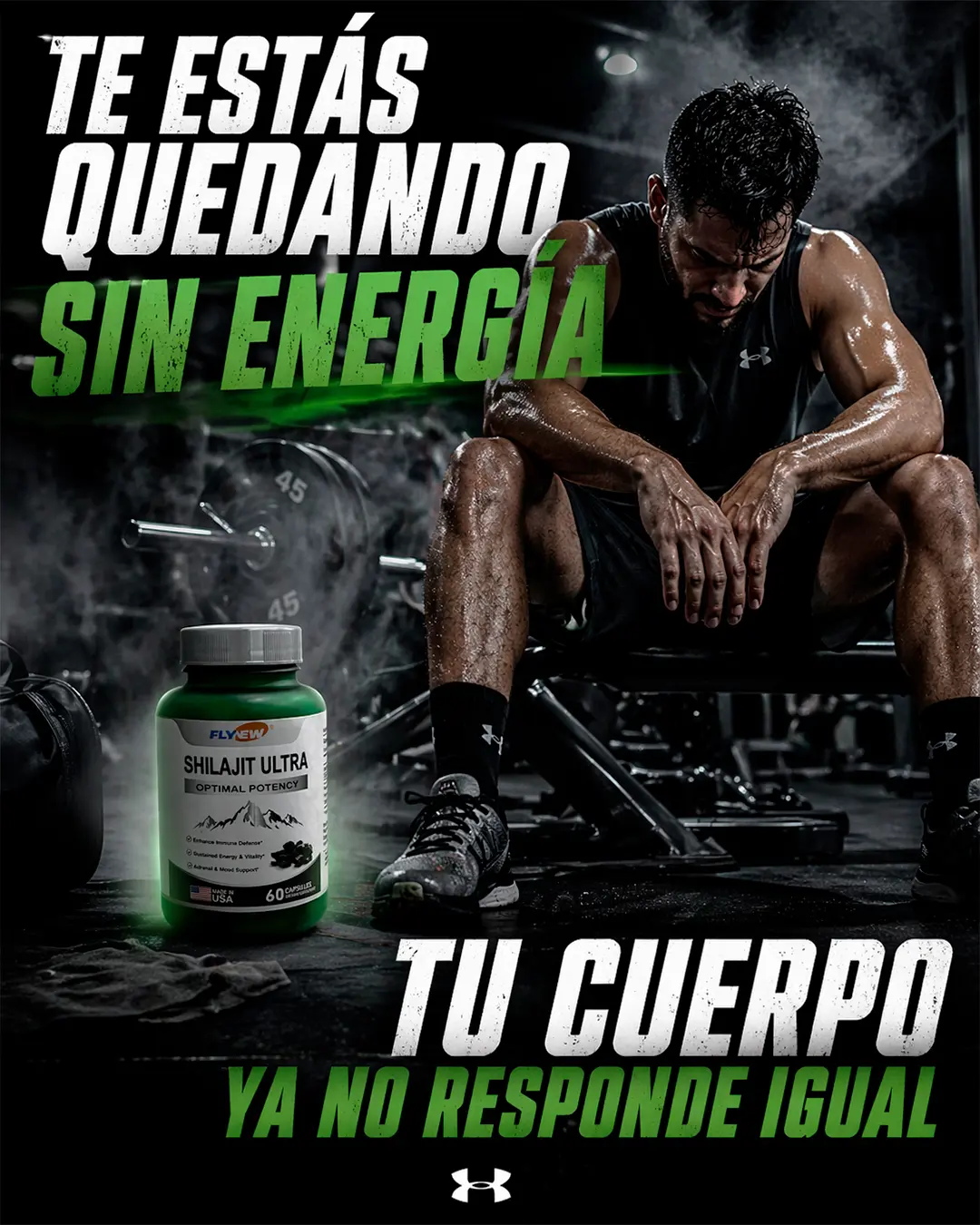 Frasco verde de Shilajit Ultra en cápsulas junto a un deportista agotado en el gimnasio
