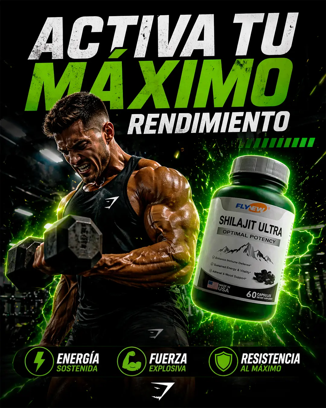 Frasco verde de Shilajit Ultra con 60 cápsulas, junto a un deportista musculoso entrenando con mancuernas en el gimnasio.