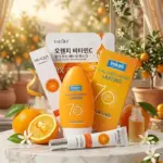 Combo facial de vitamina C con mascarilla, bloqueador solar naranja SPF 70 y contorno de ojos sobre mármol rodeado de naranjas y flores.