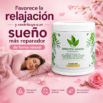Tarro blanco de colágeno hidrolizado en polvo sobre fondo rosa con mujer durmiendo, flores y texto sobre relajación y sueño.