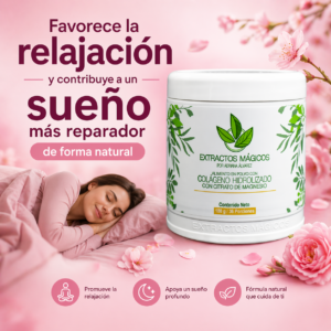 Tarro blanco de colágeno hidrolizado en polvo sobre fondo rosa con mujer durmiendo, flores y texto sobre relajación y sueño.