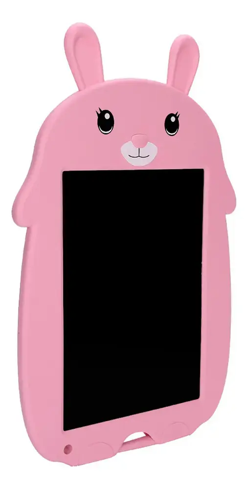 Pizarra mágica LCD infantil color rosa con diseño de conejo, orejas y rostro en la parte superior y pantalla negra rectangular