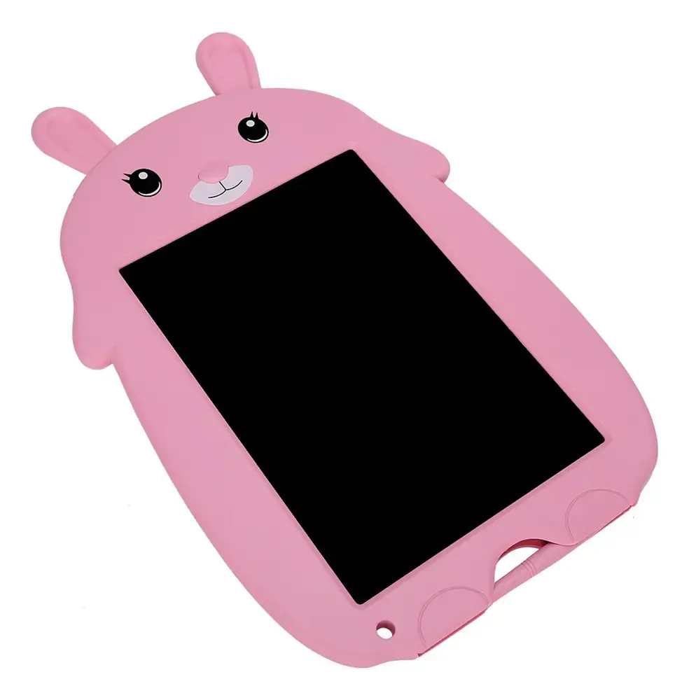 Pizarra mágica LCD infantil rosa con diseño de conejito, orejas y rostro, con pantalla negra para dibujo y escritura reutilizable.