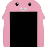 Pizarra mágica LCD infantil rosa con diseño de conejita, orejas y pantalla negra rectangular para dibujo y escritura reutilizable.
