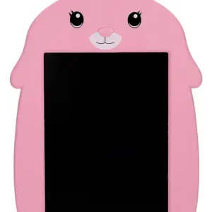 Pizarra mágica LCD infantil rosa con diseño de conejita, orejas y pantalla negra rectangular para dibujo y escritura reutilizable.