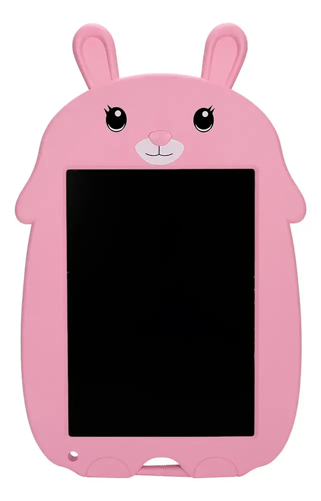 Pizarra mágica LCD infantil rosa con diseño de conejita, orejas y pantalla negra rectangular para dibujo y escritura reutilizable.
