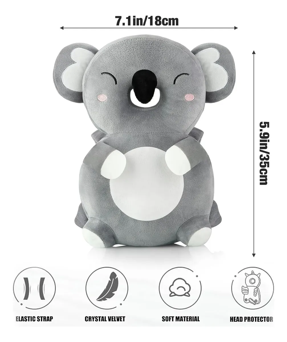 Almohada anticaída para bebé diseño koala gris de 18x35 cm, hecha en suave terciopelo con correas elásticas para proteger cabeza y espalda al caminar.