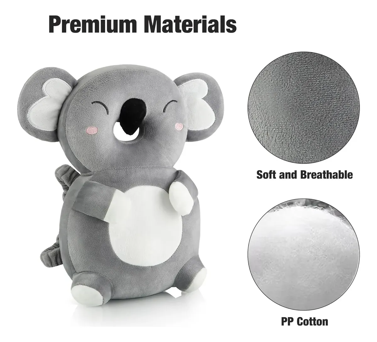 Almohada anticaída de koala gris y blanco para bebé, con textura suave y relleno de algodón PP para proteger la cabeza y espalda.