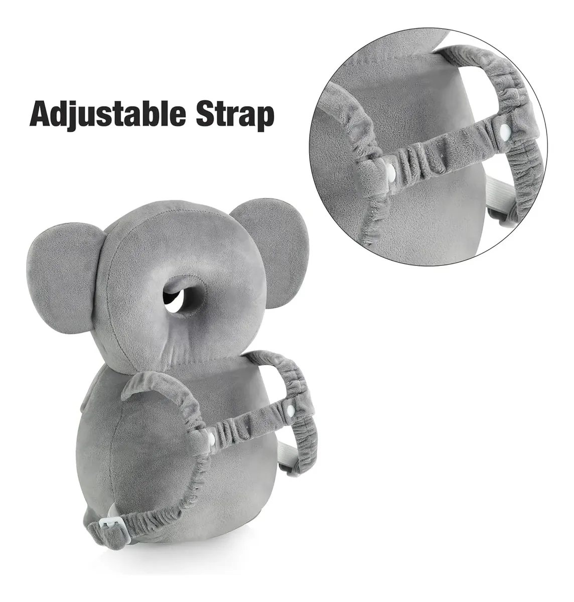 Almohada anticaída gris para bebé con diseño de koala, incluye correas ajustables con broches para proteger la cabeza y espalda durante los primeros pasos.