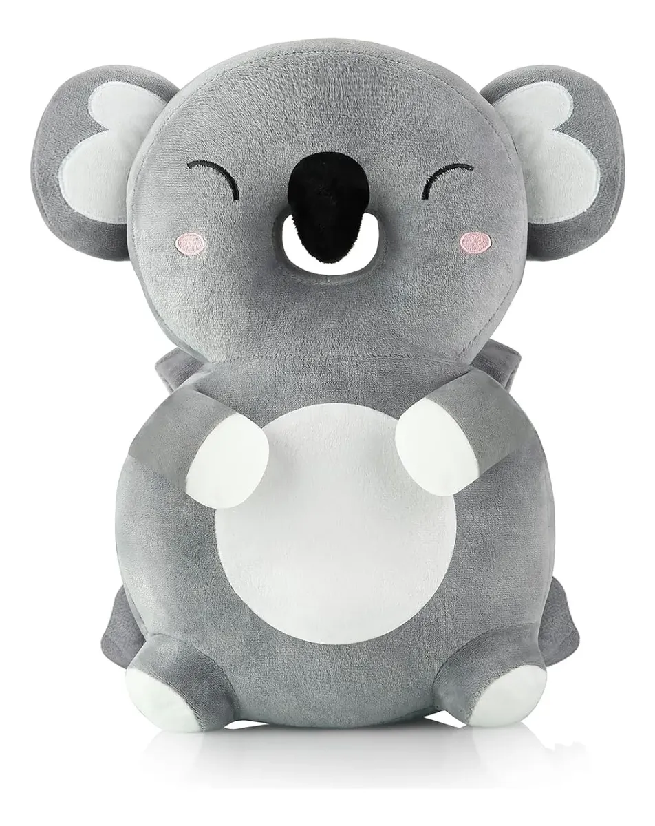 Almohada protectora anticaída para bebé con diseño de koala gris en felpa suave, incluye correas ajustables para proteger cabeza y espalda al caminar.
