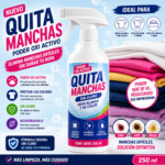 Spray quita manchas de 250 ml con poder oxi activo y sin cloro para ropa blanca y de color, junto a prendas dobladas de diversos tonos.