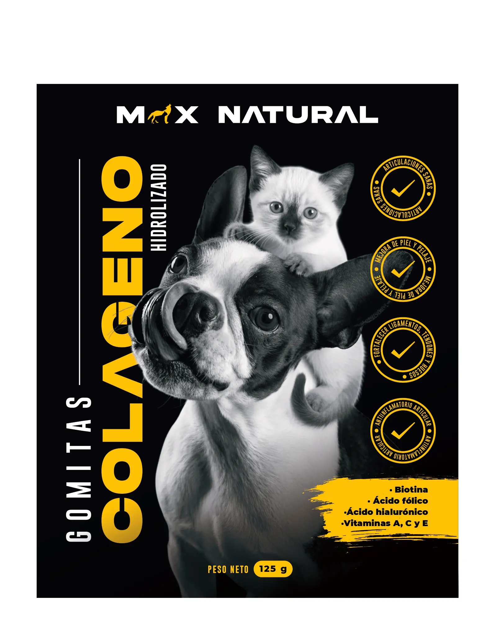Empaque negro de gomitas de colágeno hidrolizado Max Natural de 125 gramos con de perro y gato, y beneficios articulares.