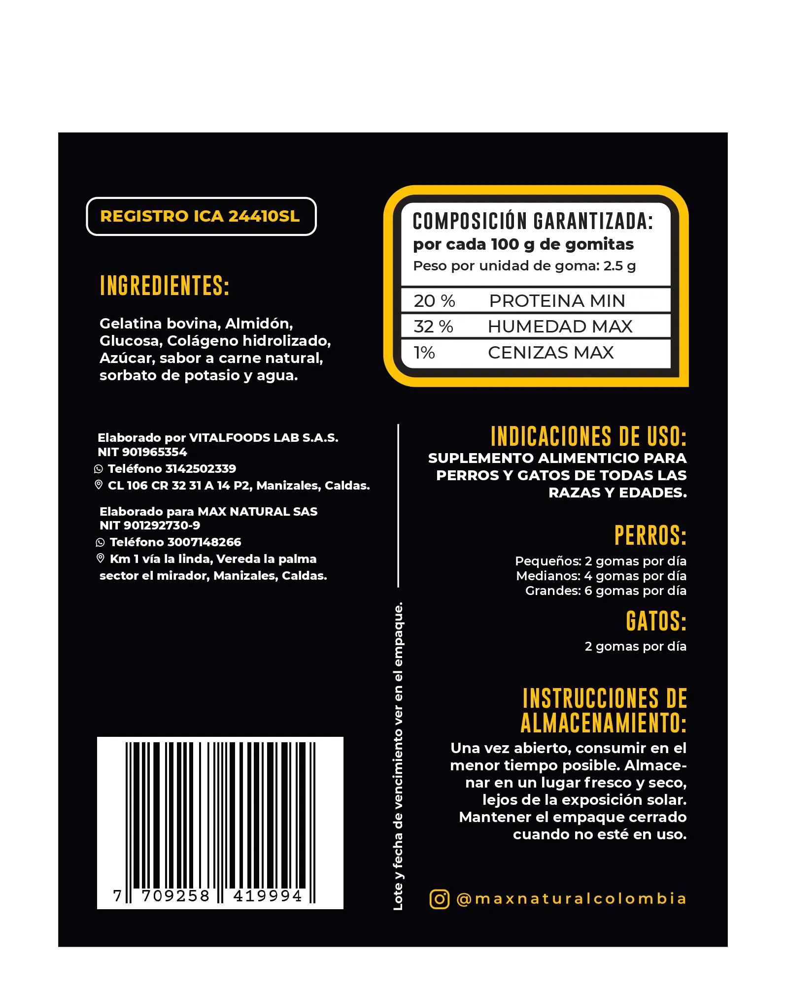 Etiqueta negra de suplemento alimenticio en gomas para perros y gatos, con ingredientes, composición garantizada y tabla de dosificación.