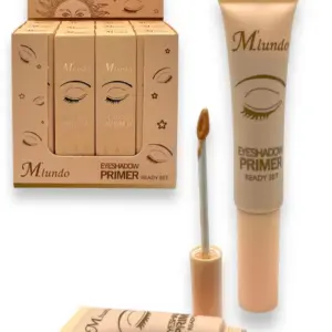 Primer de ojos Mlundo ReadySet color beige. Incluye caja con tres unidades y tubos con aplicador de punta para sombras.